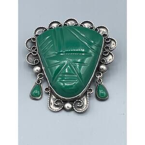 925 Sterling Vintage Mexico Carved Green Onyx Tribal Mask Face Pin Brooch